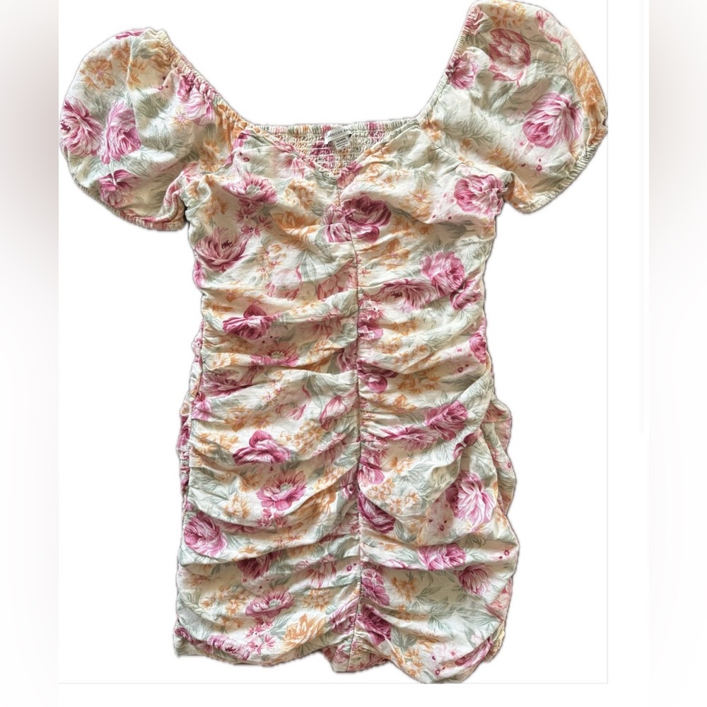American Eagle M Floral Ruched Puff Sleeve Mini Dress Ethereal Boho
